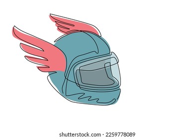 Moto de dibujo de línea continua, casco de carreras con icono de alas. Carrera de motocicletas, club de motocross o ciclismo, competición de moto con casco alado. Ilustración vectorial de diseño de líneas de una línea