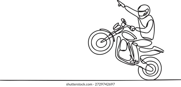 Dibujo de una sola línea continua de un motociclista realizando un truco con ruedas. Piloto en una motocicleta con una rueda levantada y el brazo levantado. Concepto de deporte extremo. Atrevido truco en estilo lineal. Movimiento dinámico de un motorista.