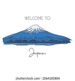 Single continuous line drawing Mount Fuji scenery landmark. Beautiful place in Honshu, Japan. World travel home decor wall art poster print concept. Modern one line draw design vector illustration