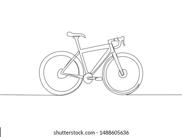 Single continuous line drawing of mountain race bicycle logo. Urban bike to work and go green movement concept. One line draw design vector illustration