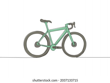 Single continuous line drawing of mountain race bicycle logo. Urban bike to work and go green movement concept. One line draw design vector illustration