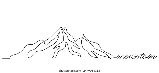 Eine durchgehende Linienzeichnung einer Gebirgslandschaft, hohe Berge und Gipfel, eine Linie Kunst.Abenteuerkonzept, Wintersport, Wandern und touristische Vektorillustration.
