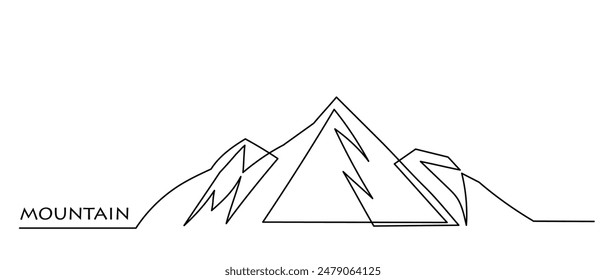 Single continuous line drawing of a mountain range landscape. high mounts and peaks one line art.Concept of Adventure, winter sports, hiking, and tourism vector illustration.
