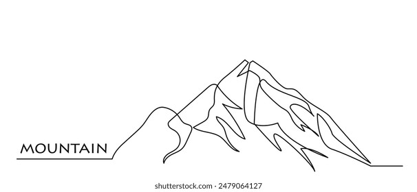 Single continuous line drawing of a mountain range landscape. high mounts and peaks one line art.Concept of Adventure, winter sports, hiking, and tourism vector illustration.

