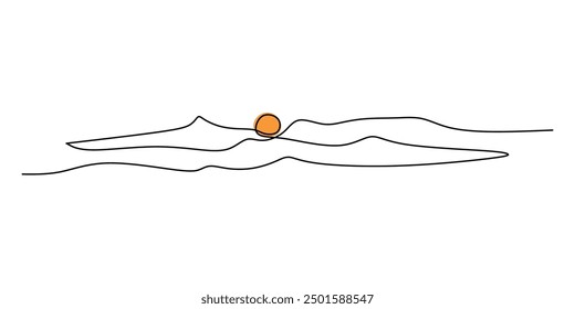 Single continuous line drawing of a mountain range landscape with sunset. high mounts and peaks one line art. Concept of Adventure, winter sports, hiking, and tourism vector illustration.