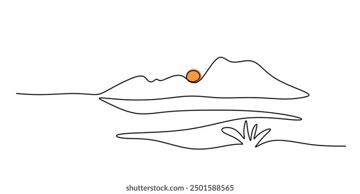 Single continuous line drawing of a mountain range landscape with sunset. high mounts and peaks one line art. Concept of Adventure, winter sports, hiking, and tourism vector illustration.