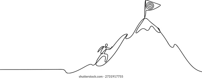 Single continuous line drawing mountains with target flag on the top. Reaching and climbing business goal on the hill top. Minimalism concept. one line Icon drawing
