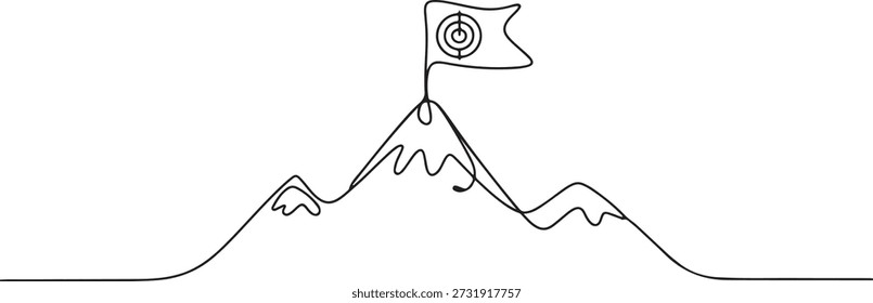 Uma linha contínua desenhando montanhas com bandeira de alvo no topo. Alcançando e escalando o objetivo de negócios no topo da colina. Conceito de minimalismo. Desenho de ícone de uma linha
