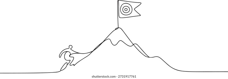 Single continuous line drawing mountains with target flag on the top. Reaching and climbing business goal on the hill top. Minimalism concept. one line Icon drawing
