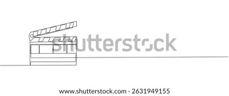  Single continuous line drawing of a movie clapper.   Retro style movie board concept in simple linear style. Vector outline editable illustration.  