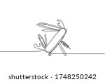 Single continuous line drawing of multi purpose pocket knife for outdoor camping equipment. Multi function tool hover concept. Modern one line draw design graphic vector illustration