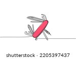 Single continuous line drawing of multi purpose pocket knife for outdoor camping equipment. Multi function tool hover concept. Modern one line draw design graphic vector illustration