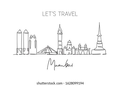 Single continuous line drawing of Mumbai city skyline, India. Famous city scraper and landscape postcard. World travel concept. Editable stroke modern one line draw design graphic vector illustration