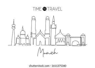 Single continuous line drawing of Munich city skyline. Famous Munchen city skyscraper landscape in world. World travel wall decor poster print concept. Modern one line draw design vector illustration