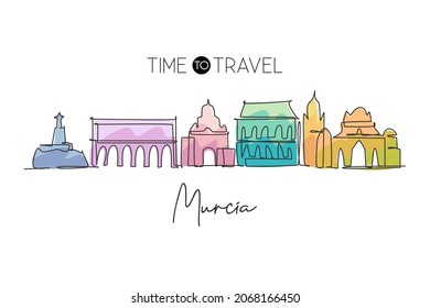 Single continuous line drawing of Murcia city skyline, Spain. Famous city skyscraper landscape postcard. World travel wall decor poster print concept. Modern one line draw design vector illustration