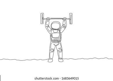 Single continuous line drawing of muscular astronaut train lifting barbell in moon surface. Bodybuilding in leisure time on outer space concept. Trendy one line draw graphic design vector illustration