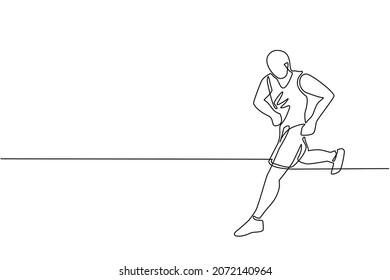 Una línea contínua dibujando musculoso hombre adulto corriendo o trotando. Ejercicio de entrenamiento. Atleta maratón haciendo sprint al aire libre. Un hombre deportivo. Deporte, entrenamiento, correr. vector de diseño gráfico de tracción de línea