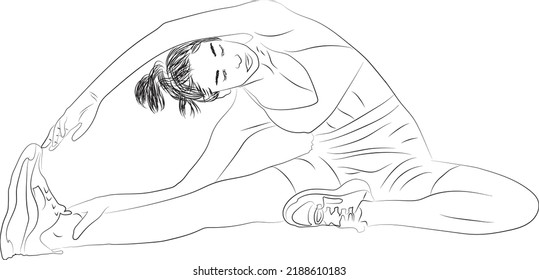 Single continuous line drawing muscular woman doing yoga. Workout sporty woman. Outline hand drawn Sport, training women. Beautiful woman doing warm-up for sports.