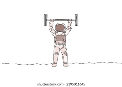 Single continuous line drawing of muscular astronaut train lifting barbell in moon surface. Bodybuilding in leisure time on outer space concept. Trendy one line draw graphic design vector illustration