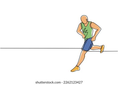 Una línea contínua dibujando musculoso hombre adulto corriendo o trotando. Ejercicio de entrenamiento. Atleta maratón haciendo sprint al aire libre. Un hombre deportivo. Deporte, entrenamiento, correr. vector de diseño gráfico de tracción de línea