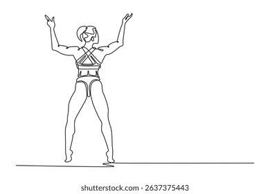 Single continuous line drawing muscular woman showing back muscles in gym. Attractive bodybuilder female in sportswear demonstrating body musculature. One line draw graphic design vector illustration