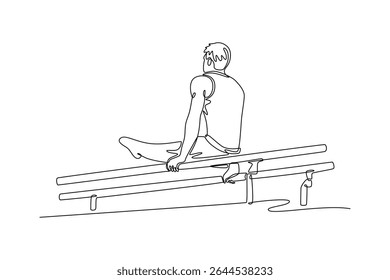 Linha contínua única desenho muscular construir homem fazendo calistenics em paralelos bar interior. Atleta praticando equilíbrio. Estilo de vida saudável e poder. Ilustração de vetor de design gráfico com desenho de uma linha