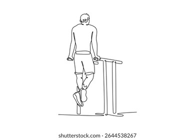 Linha única contínua desenho musculoso ginasta masculino exercício em bares paralelos no moderno clube de saúde. Forte ginasta realizar acrobacias em roupas esportivas. Ilustração de vetor de design gráfico com desenho de uma linha