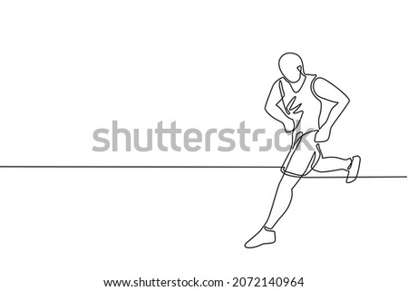 Single continuous line drawing muscular adult man running or jogging. Workout exercise. Marathon athlete doing sprint outdoor. Sportive man. Sport, training, run. One line draw graphic design vector