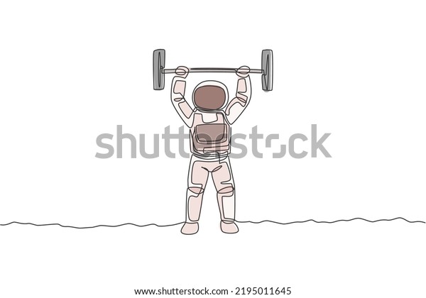 Single continuous line drawing of muscular
astronaut train lifting barbell in moon surface. Bodybuilding in
leisure time on outer space concept. Trendy one line draw graphic
design vector
illustration