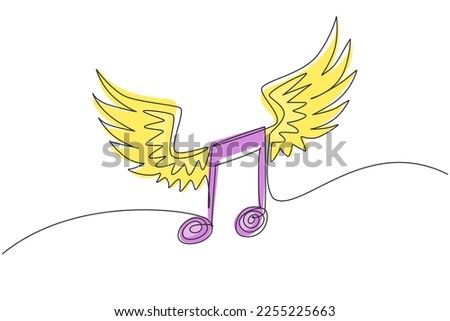 Single continuous line drawing musical notation with wings. Music symbol. Classic melody sign in flat design. Chords icon silhouette. Key note for piano and guitar. One line draw graphic design vector