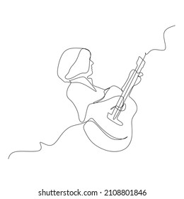 Single continuous line drawing of a musician playing acoustic guitar - Modern one line draw design vector illustration 