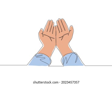 Single continuous line drawing of muslim person open and raise hands praying to God. Islamic holy day Ramadan Kareem and Eid Mubarak greeting card concept one line draw design vector illustration