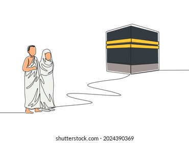 Dibujo único y continuo de peregrinos musulmanes y musulmanes camino al lugar sagrado Kaabah en La Meca, Arabia Saudita. Festividad musulmana, concepto de tarjeta de saludo de Eid al Adha ilustración de un dibujo de línea