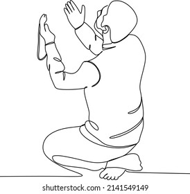 Single continuous line drawing of muslim person raise and open hands praying, from rear view. Islamic holy day Ramadan Kareem and Eid Mubarak pray concept one line draw design vector illustration