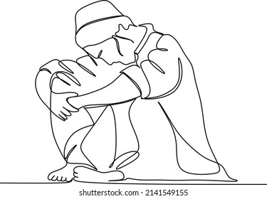Single continuous line drawing of muslim person raise and open hands praying, from rear view. Islamic holy day Ramadan Kareem and Eid Mubarak pray concept one line draw design vector illustration
