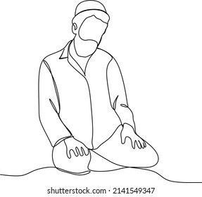 Single continuous line drawing of muslim person raise and open hands praying, from rear view. Islamic holy day Ramadan Kareem and Eid Mubarak pray concept one line draw design vector illustration