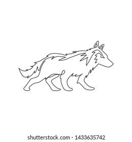 Single continuous line drawing of mysterious wolf for e-sport team logo identity. Strong wolves mascot concept for national park icon. Trendy one line draw design vector graphic illustration