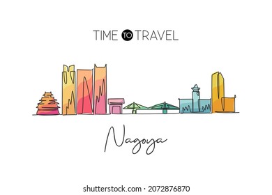 Single continuous line drawing of Nagoya city skyline, Japan. Famous city scraper and landscape. World travel concept home decor wall art poster print. Modern one line draw design vector illustration