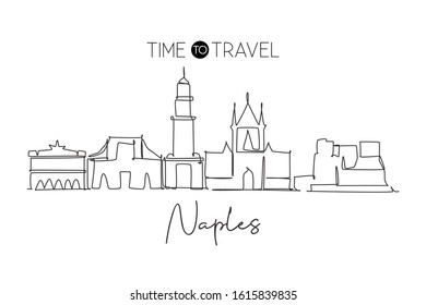 Single continuous line drawing of Naples city skyline, Italy. Famous city skyscraper landscape. World travel home wall decor poster print art concept. Modern one line draw design vector illustration