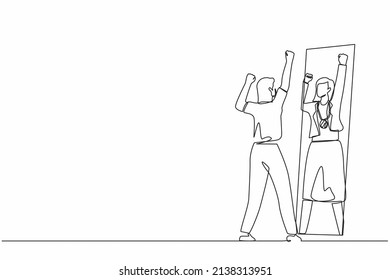 Single continuous line drawing narcissistic businesswoman looking at mirror and seeing in reflection of herself with gold medal, person overestimate herself, self confidence. One line design vector