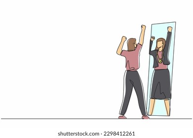 Single continuous line drawing narcissistic businesswoman looking at mirror and seeing in reflection of herself with gold medal, person overestimate herself, self confidence. One line design vector