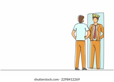 Single continuous line drawing narcissistic businessman looking at mirror and seeing in reflection of himself with crown on his head. Self confidence, motivation. One line design vector illustration
