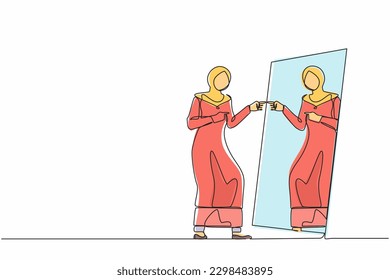 Single continuous line drawing narcissistic Arab businesswoman looks at mirror. Woman self reflection. Narcissism and vanity. Look selfishness, narcissistic, admiring. One line graphic design vector