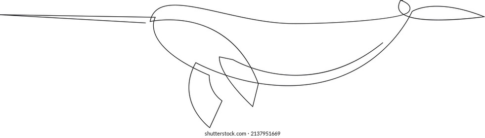 Single continuous line drawing of narwhal for logo identity. Narwhale animal mascot concept. One line draw design vector graphic illustration.