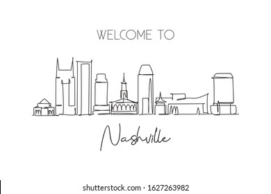 Single Continuous Line Drawing Of Nashville City Skyline, Tennessee. Famous City Scraper Landscape. World Travel Concept Home Wall Decor Poster Print. Modern One Line Draw Design Vector Illustration