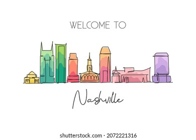 Single Continuous Line Drawing Of Nashville City Skyline, Tennessee. Famous City Scraper Landscape. World Travel Concept Home Wall Decor Poster Print. Modern One Line Draw Design Vector Illustration