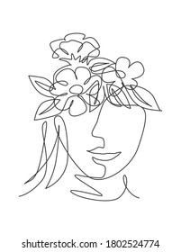 Single continuous line drawing nature portrait minimalist. Flower bouquet head concept. Beauty floral cosmetic salon abstract face print. Trendy one line art draw design vector graphic illustration