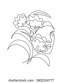 Single continuous line drawing nature portrait minimalist. Flower bouquet head concept. Beauty floral cosmetic salon abstract face print. Trendy one line art draw design vector graphic illustration