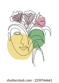 Single continuous line drawing nature portrait minimalist. Flower bouquet head concept. Beauty floral cosmetic salon abstract face print. Trendy one line art draw design vector graphic illustration