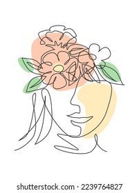 Single continuous line drawing nature portrait minimalist. Flower bouquet head concept. Beauty floral cosmetic salon abstract face print. Trendy one line art draw design vector graphic illustration